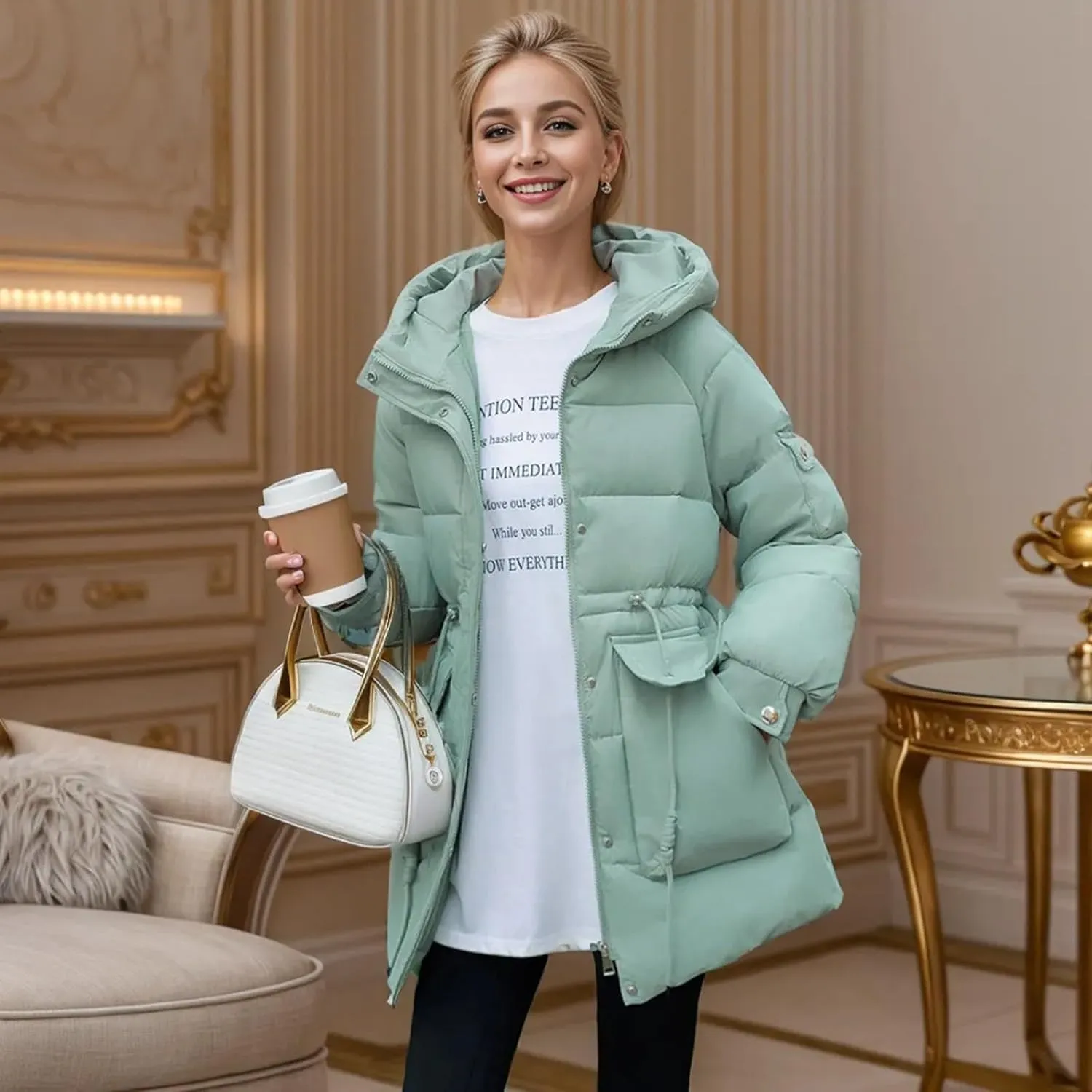 Women's Thickened Down Jackets Winter Hooded Mid-Length Puffy Packable Warm Jackets Puffer Down Coat Christmas Gifts