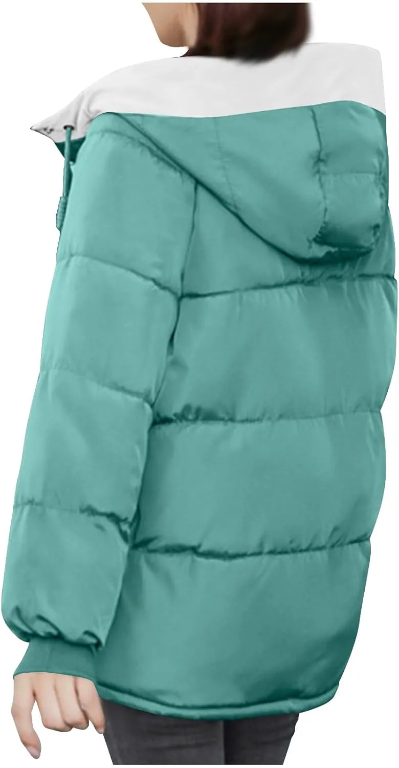 Womens Winter Quilted Hooded Jackets, Full Zip Thicken Long Sleeve Puffer Jacket Windproof Coats with Pocket