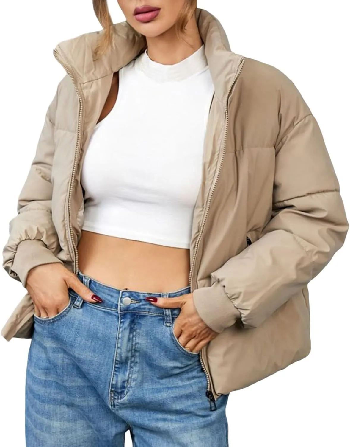 Women's Winter Quilted Jackets Full Zip Long Sleeve Puffer Jackets Short Quilted Warm Puffer Down Coats with Pockets