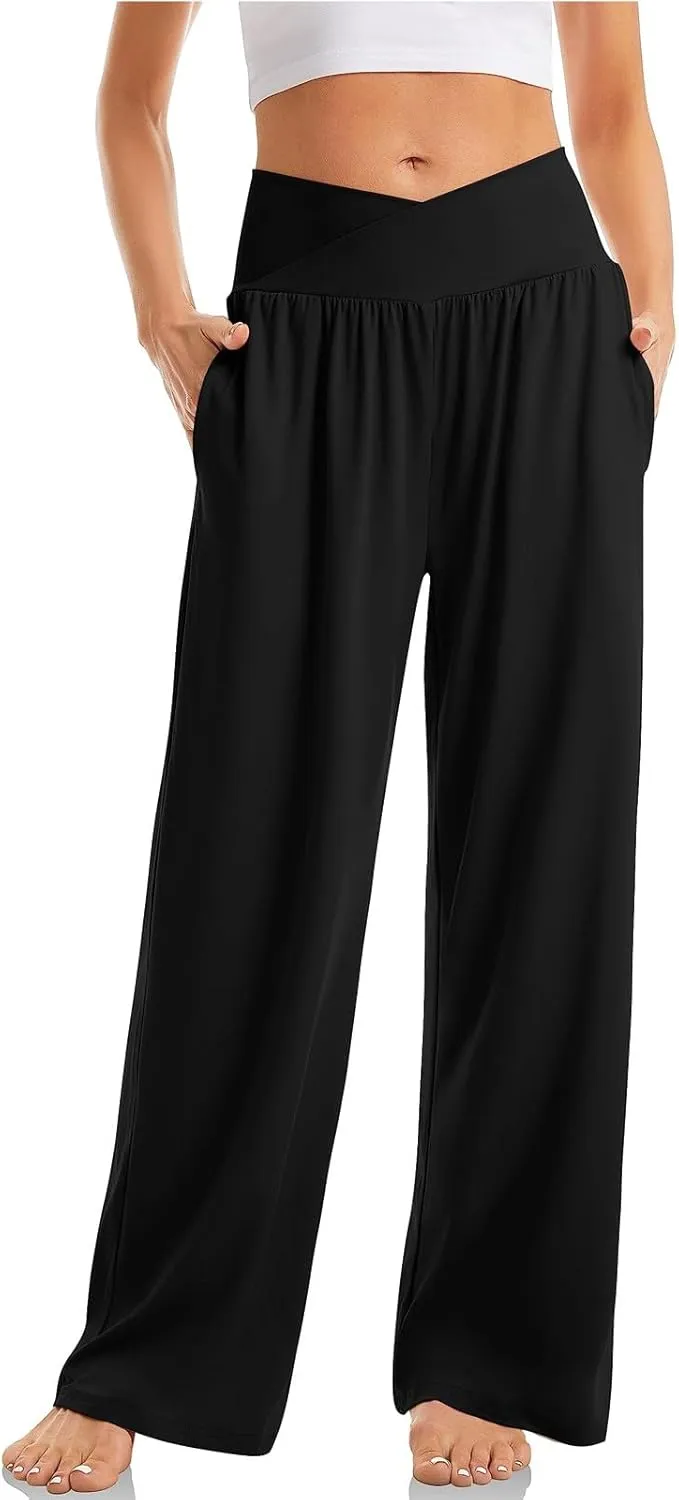 Yoga Pants with Pockets for Women Crossover V Waist Wide Leg High Waisted Casual Lounge Pants Straight Leg Pull on Pants