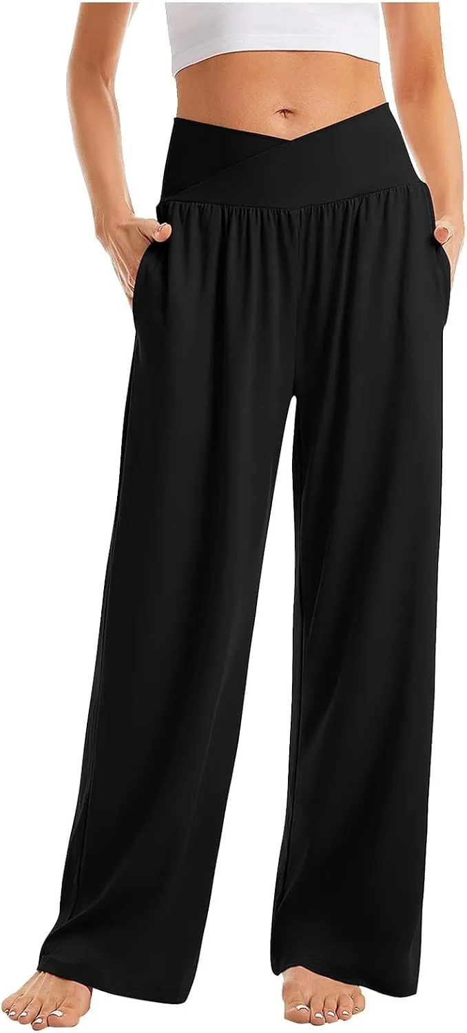 Yoga Pants with Pockets for Women Crossover V Waist Wide Leg High Waisted Casual Lounge Pants Straight Leg Pull on Pants