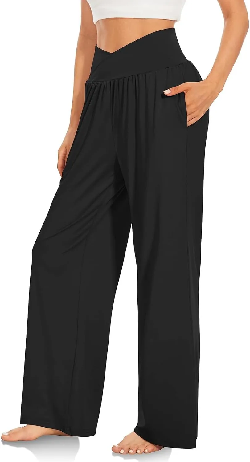 Yoga Pants with Pockets for Women Crossover V Waist Wide Leg High Waisted Casual Lounge Pants Straight Leg Pull on Pants