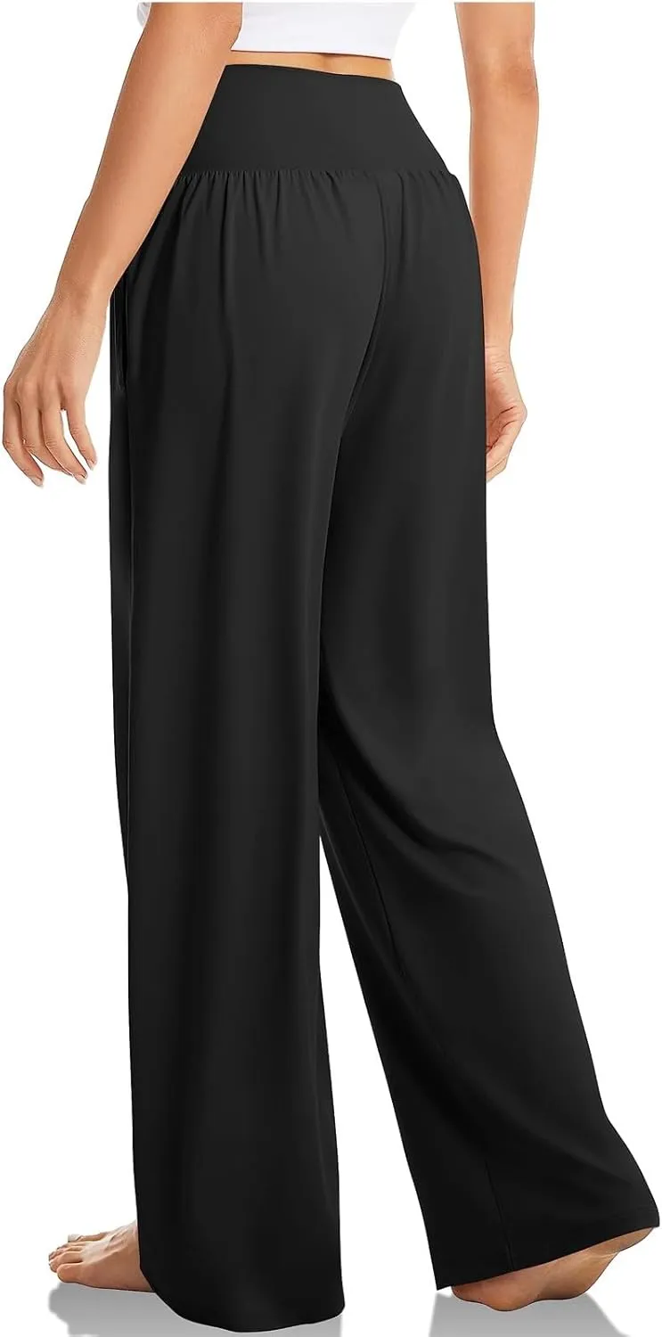 Yoga Pants with Pockets for Women Crossover V Waist Wide Leg High Waisted Casual Lounge Pants Straight Leg Pull on Pants