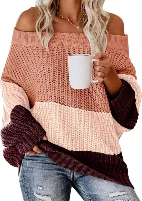 ZWRXW Womens Color Block Sweater Oversized Off Shoulder Pullover Cable Knit Chunky Sweaters Fall Winter Loose Jumper Tops
