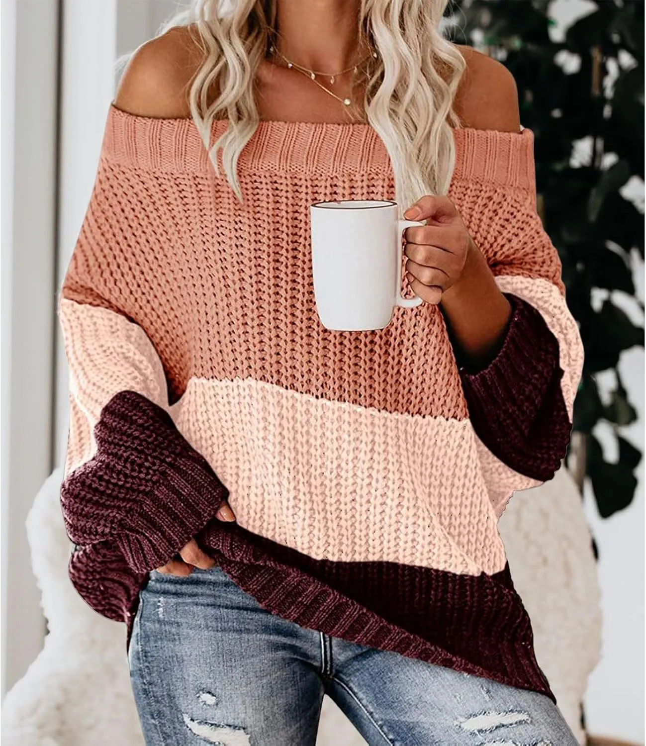 ZWRXW Womens Color Block Sweater Oversized Off Shoulder Pullover Cable Knit Chunky Sweaters Fall Winter Loose Jumper Tops